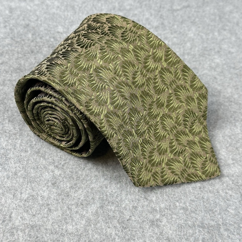 Vintage Salvatore Ferragamo Silk Tie Olive Green Leaf Jacquard Italy 58x3.75"